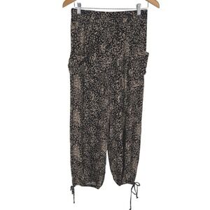 Womens Cargo Floral Drawstring Cropped Pants Black Size L Flowy Tie Boho Pockets
